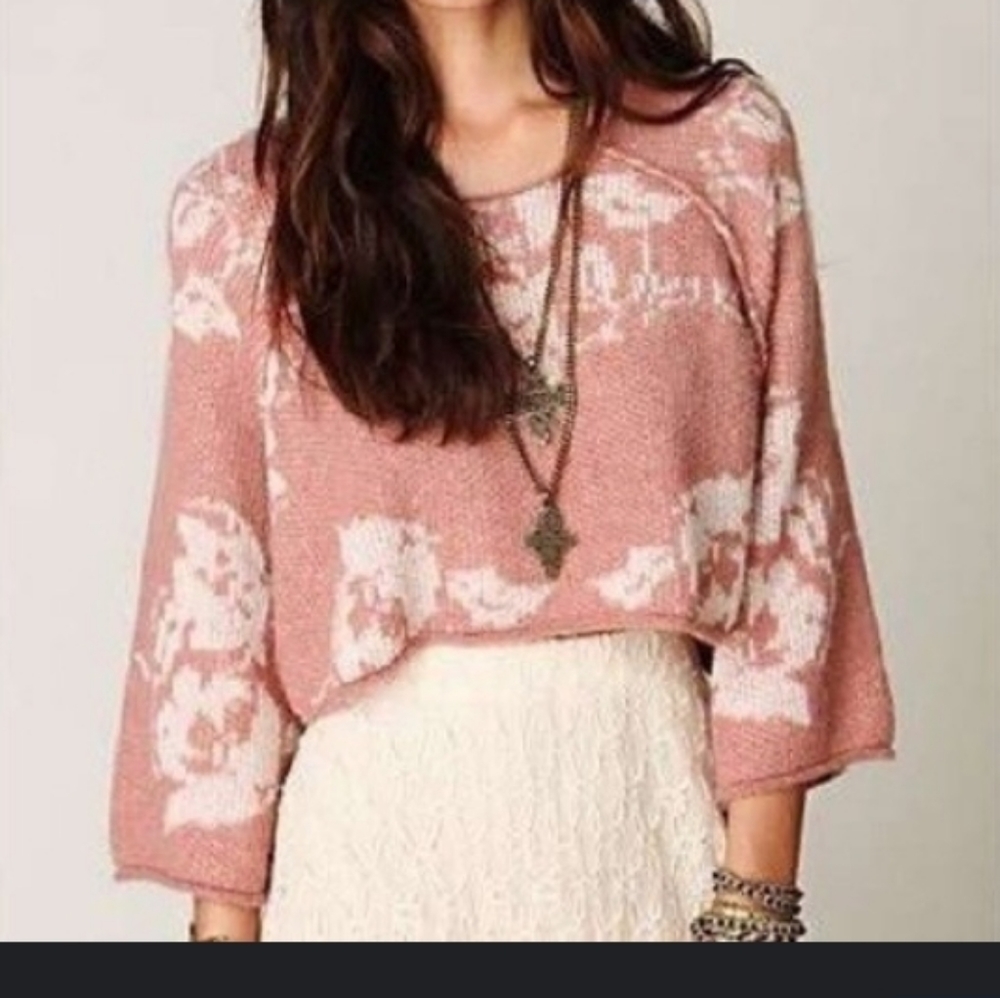 Free People Alpaca Blend "Purple Rain" Floral Print Cropped Sweater